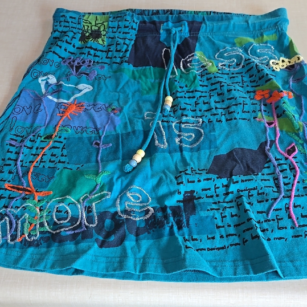 Desigual Blue Embroidered Skirt,size Medium